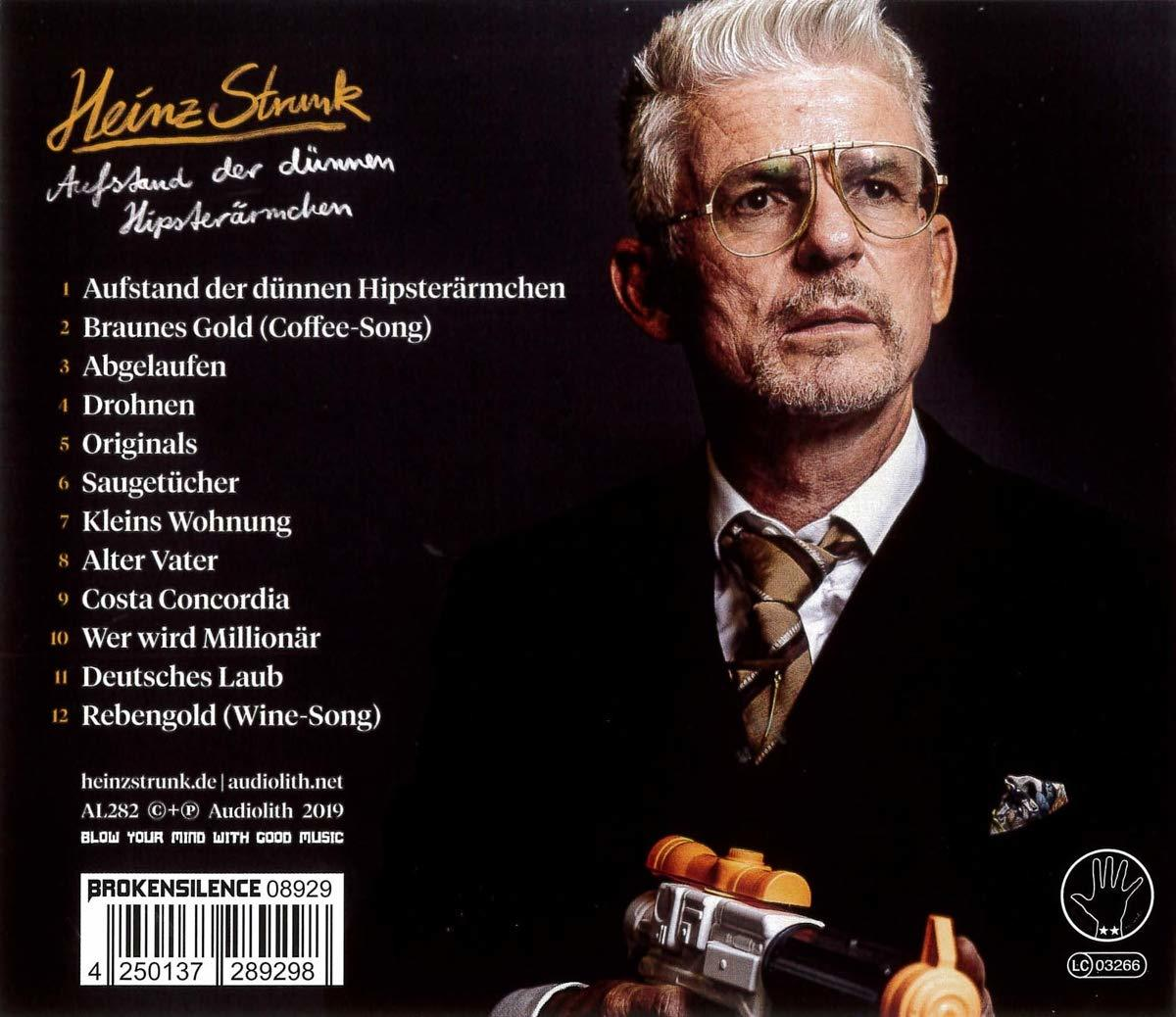 Rückseite einer CD mit Foto von Heinz Strunk, Albumtitel, Trackliste und Copyright-Informationen.