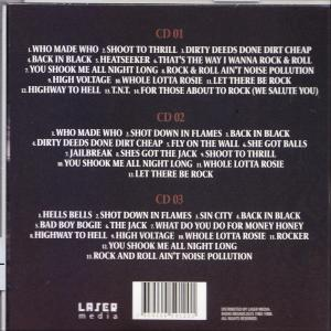 Rückseite einer CD mit Titellisten für drei CDs. Laser-Medien-Logo unten.