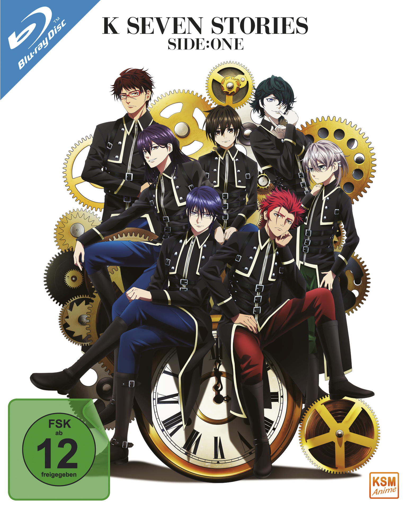 Anime-Cover: Gruppe männlicher Charaktere, Zahnräder, Uhr, Titel "K Seven Stories Side:One".