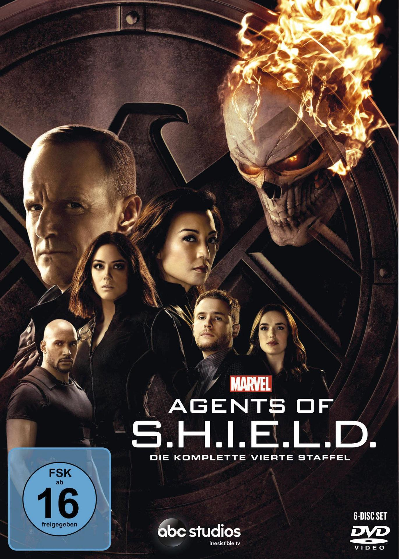 DVD-Cover für Marvel's Agents of S.H.I.E.L.D. mit einer Besetzung von Charakteren und einem feurigen Totenkopf.