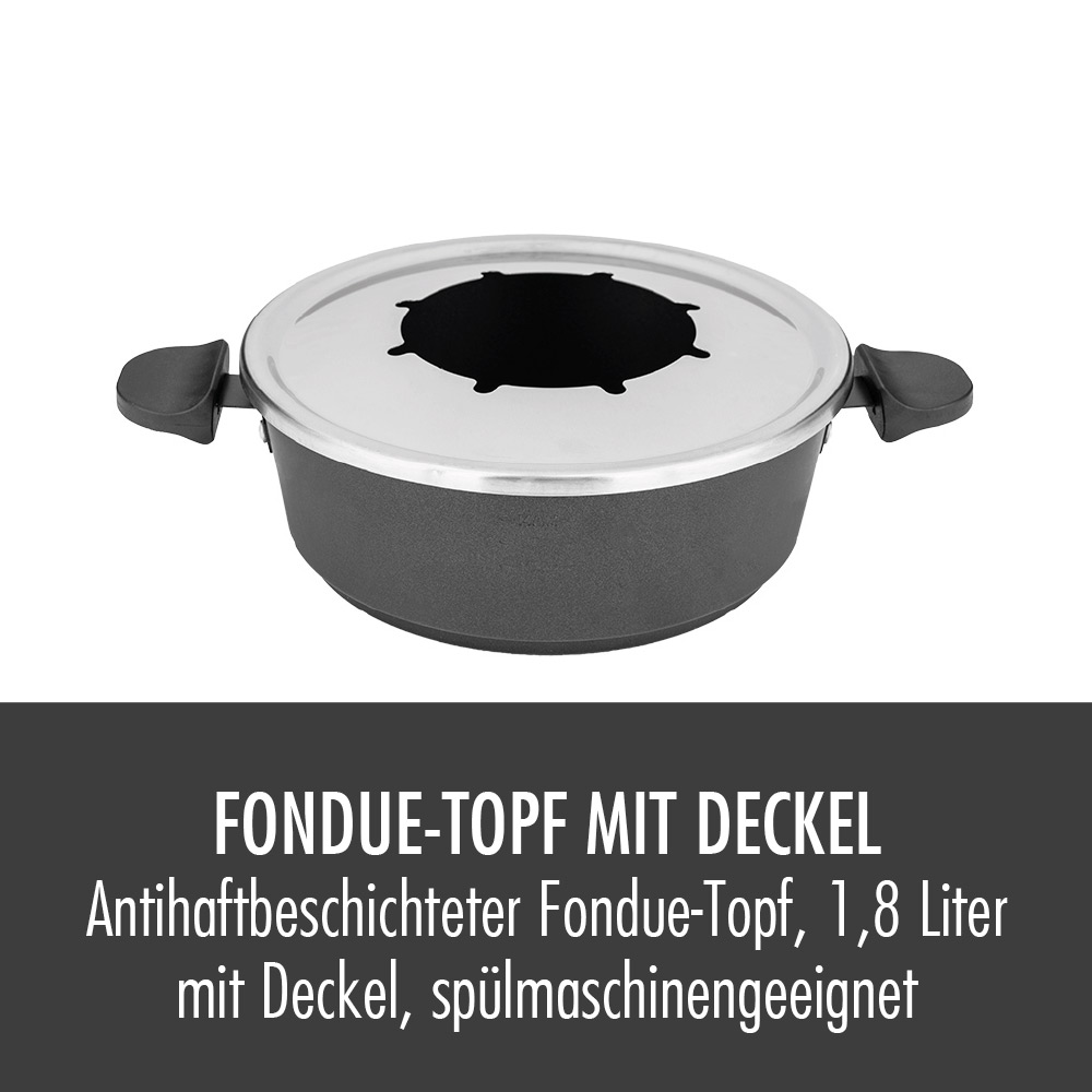 Ein dunkelgrauer Fonduetopf mit Deckel. Der Text lautet: 'Fonduetopf mit Deckel'.