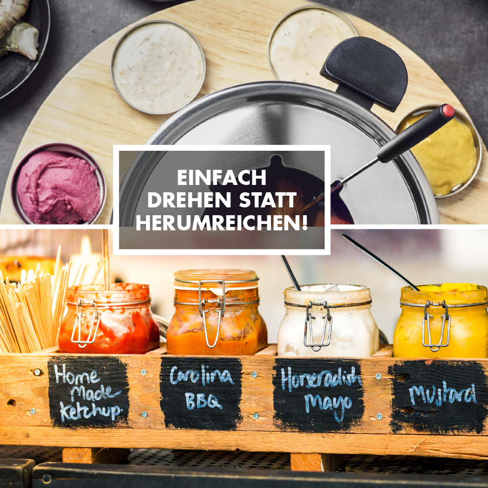 Verschiedene Saucen und Gewürze in Gläsern und Schalen auf einer Holzoberfläche, mit Textüberlagerung.