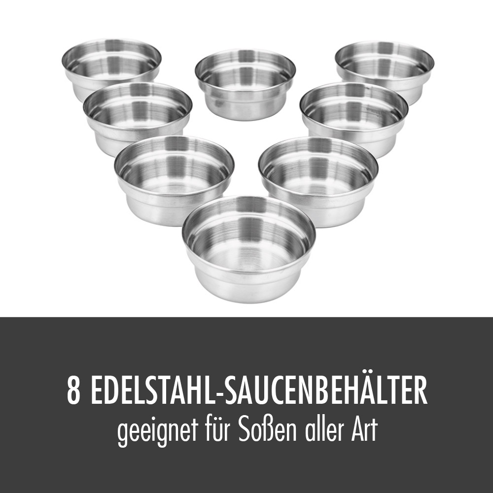 Acht Edelstahl-Saucenbehälter auf weißem Hintergrund.