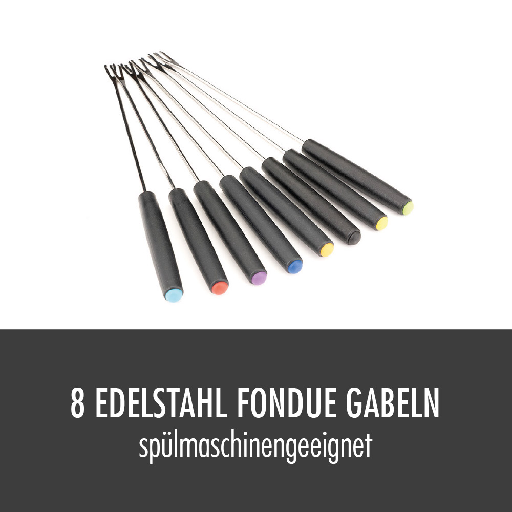 Acht Fonduegabeln mit verschiedenfarbigen Griffen auf weißem Hintergrund.