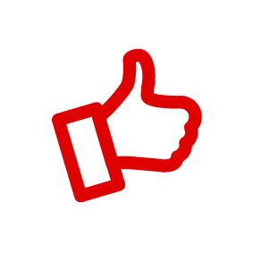 Un icono rojo de pulgar arriba, indicando aprobación o me gusta, sobre fondo blanco.