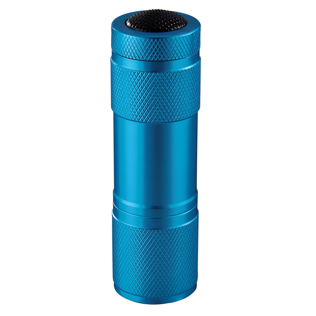 Une lampe de poche bleue avec un corps texturé, une forme cylindrique et un dessus noir.