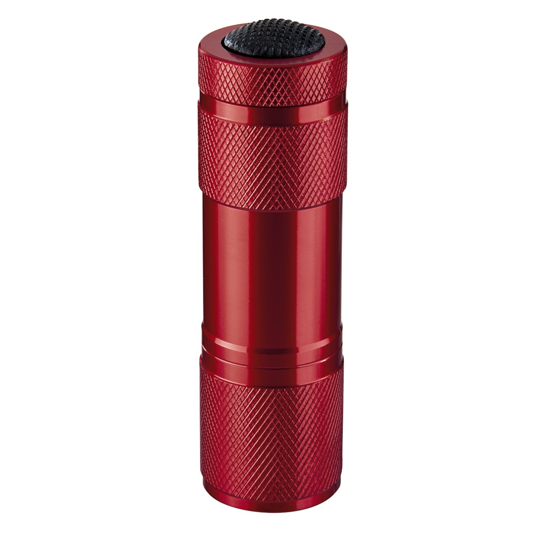 Lampe de poche rouge avec corps texturé et bouton noir en haut. Forme cylindrique.
