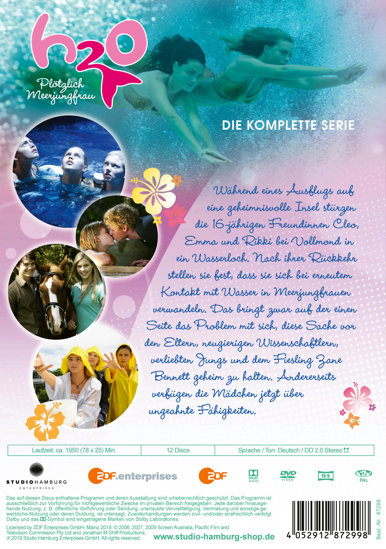 DVD-Cover von H2O: Plötzlich Meerjungfrau. Enthält Bilder der Hauptfiguren und Unterwasserszenen.