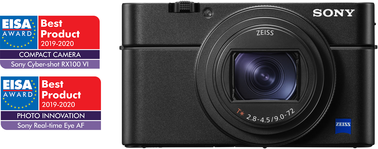 Fekete Sony fényképezőgép két EISA-díjjal. Objektívvel és a Sony logóval.