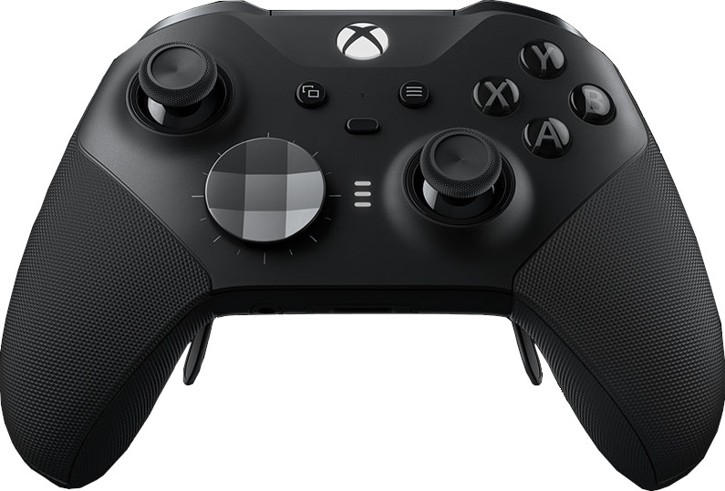 Manette Xbox noire. Boutons variés et molette argentée au milieu.