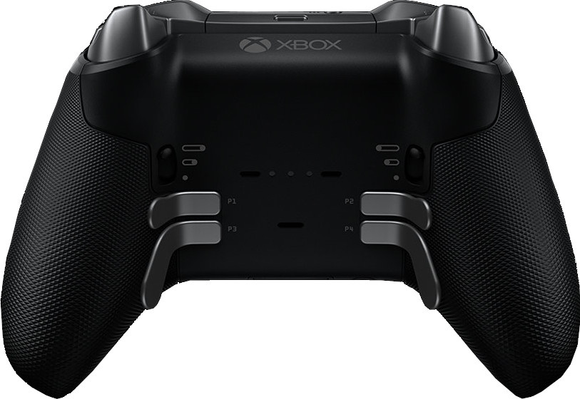 Manette Xbox noire, vue arrière, avec gâchettes argentées et boutons P1, P2, P3 et P4.