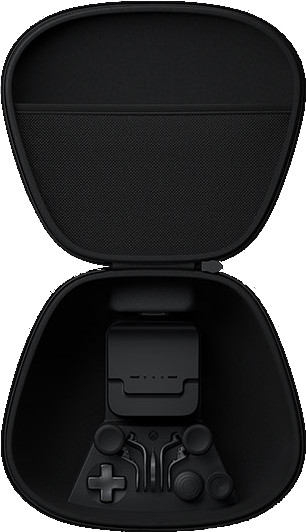Étui de transport noir ouvert, montrant une manette Xbox noire et une station de charge à l'intérieur.