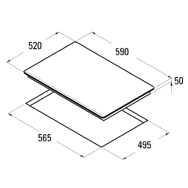 Un diagrama que muestra la vista superior e inferior de una placa de cocina rectangular con dimensiones.