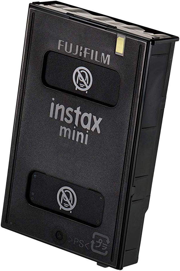 Fekete Fujifilm Instax Mini filmcsomag, Fujifilm logóval és 'instax mini' felirattal.