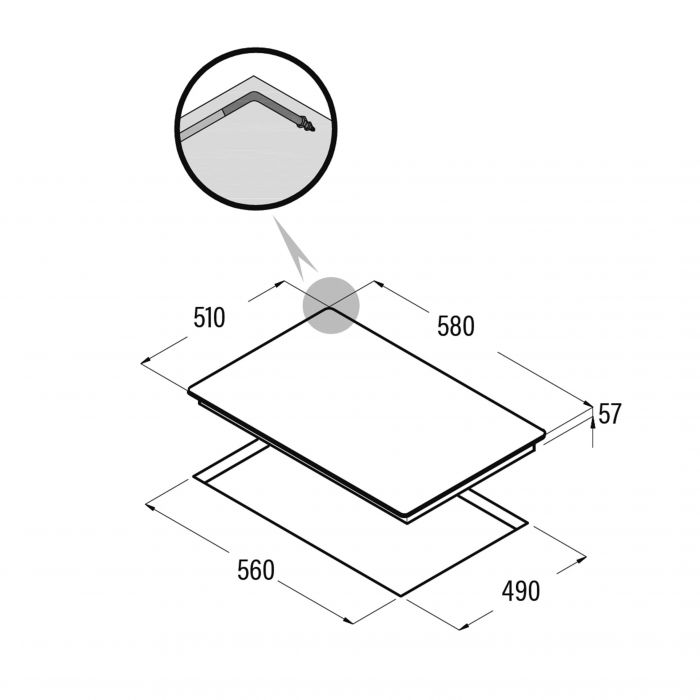 Un diagrama que muestra una superficie rectangular con medidas, con una vista ampliada de una esquina.