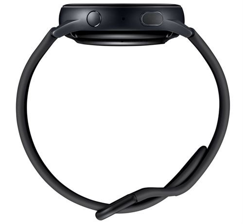 Reloj inteligente negro con correa curva, dos botones laterales y pantalla redonda.