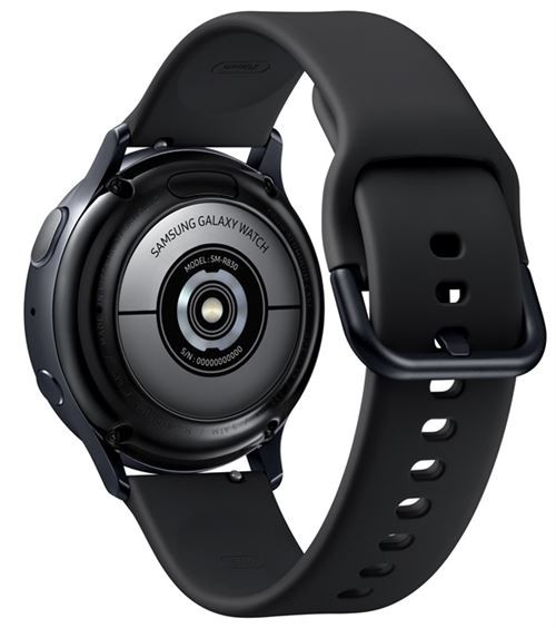Un Samsung Galaxy Watch negro con una correa negra, que muestra la parte trasera del reloj.