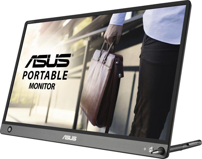 Tragbarer ASUS-Monitor, eine Person mit Tasche auf dem Bildschirm. Grauer und schwarzer Rahmen.