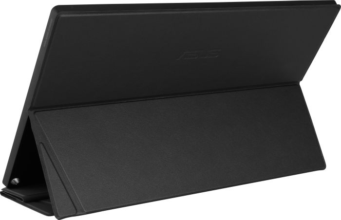 Schwarze Tablethülle, abgewinkelt. ASUS Logo sichtbar. Schwarzer Hintergrund.