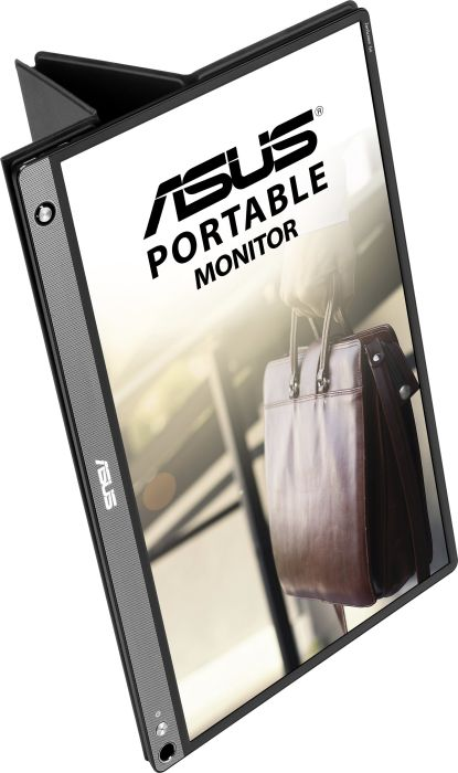 Tragbarer ASUS-Monitor. Der Bildschirm zeigt eine Frau mit einer Tasche. Grauer und schwarzer Rahmen.