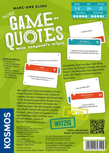 Rückseite einer Kartenspielbox mit Text und Bildern. Weißer Hintergrund.