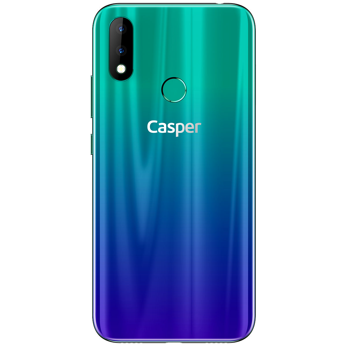 Yeşil-mavi geçişli, üç kameralı ve parmak izi sensörlü bir Casper akıllı telefonun arkası.