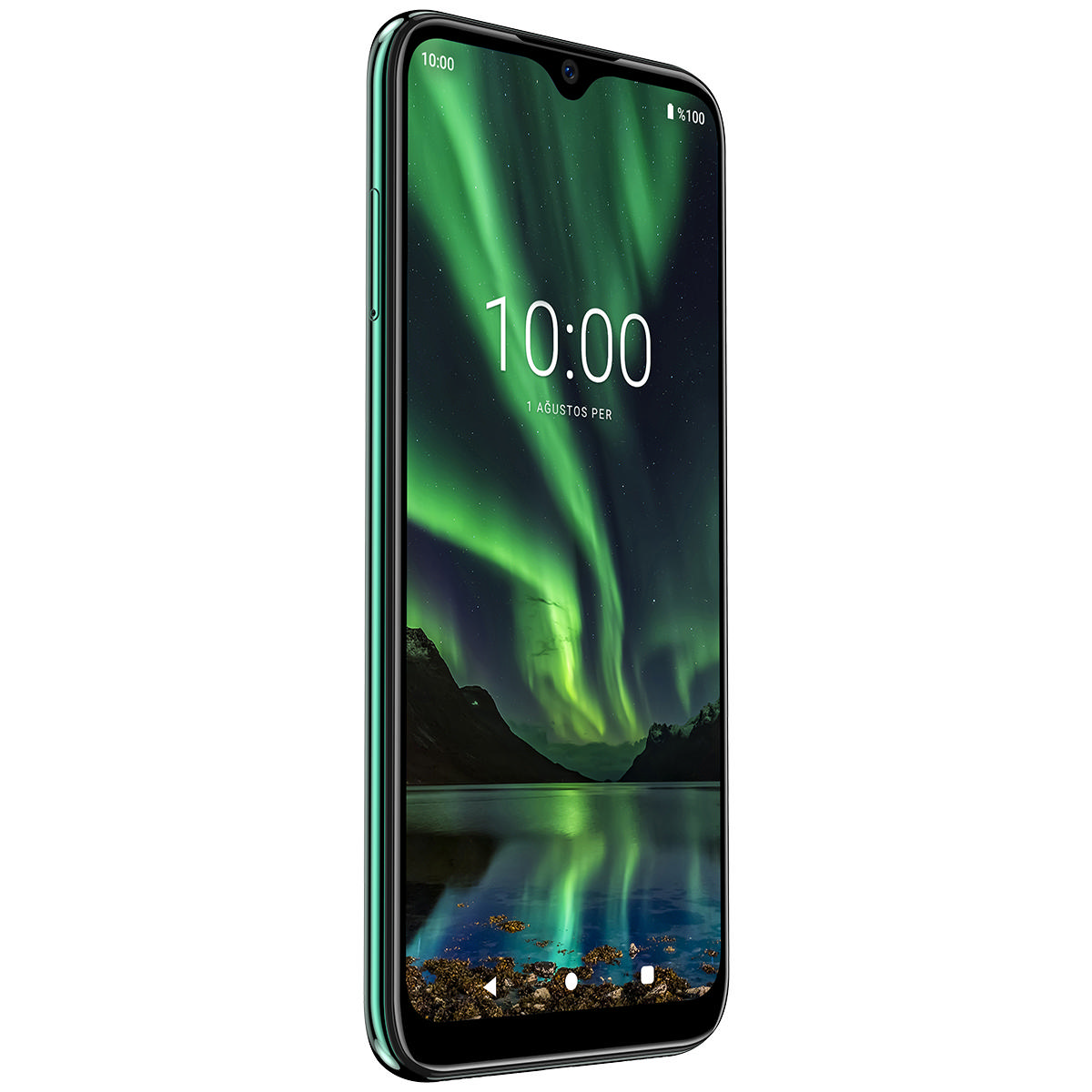 Bir akıllı telefon, kuzey ışıklarının bir görüntüsünü gösteriyor. Saat 10:00.