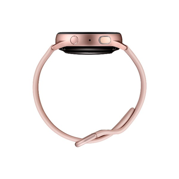 Smartwatch oro rosa con correa rosa, vista lateral. Dos botones y un orificio para micrófono son visibles.