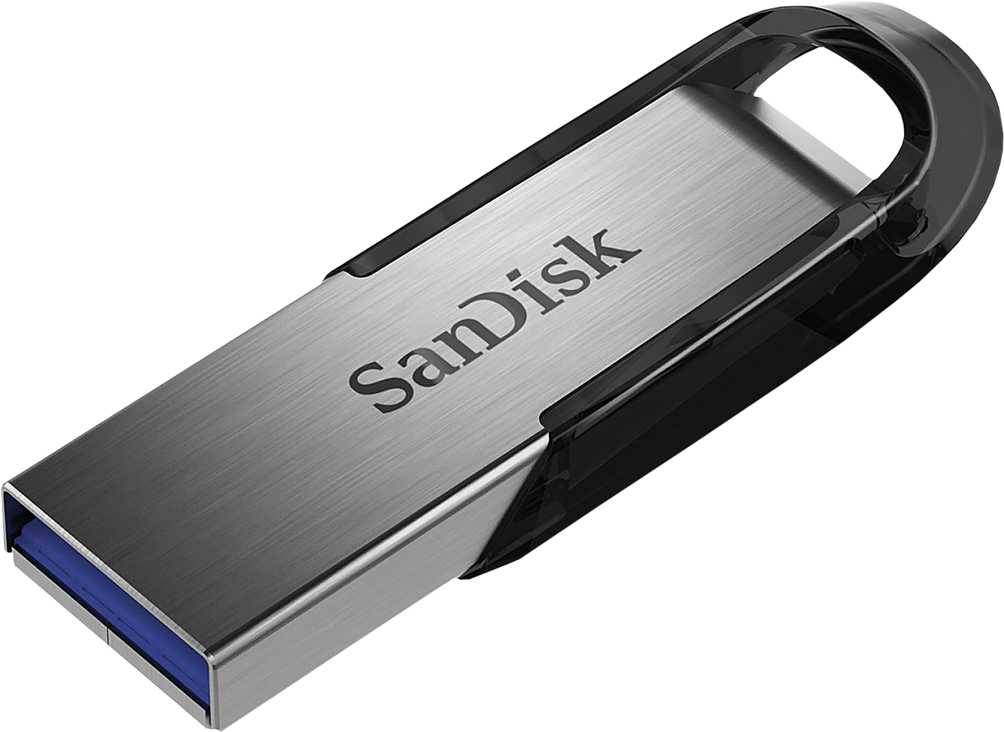 Pen drive USB SanDisk argento e nero. La porta USB è blu. Sfondo nero.