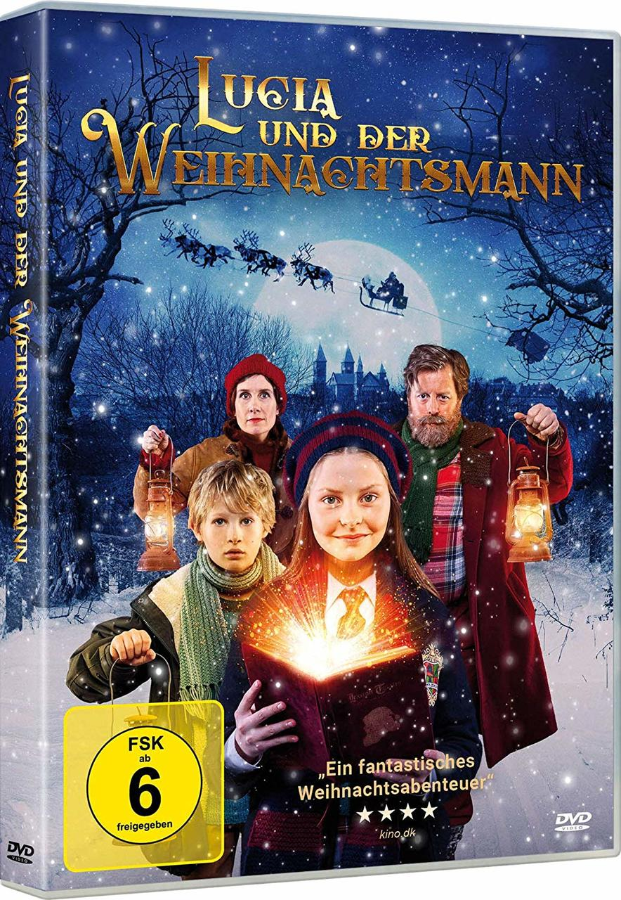 DVD-Cover eines Weihnachtsfilms mit einer Familie und einem Mädchen, das ein leuchtendes Buch hält.