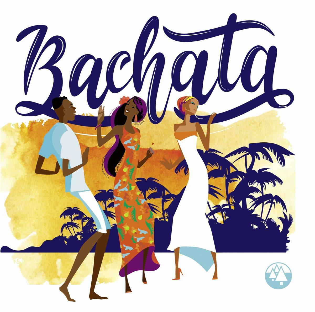 Illustration von drei Bachata tanzenden Personen. Palmen und Text 'Bachata' auf gelbem Hintergrund.
