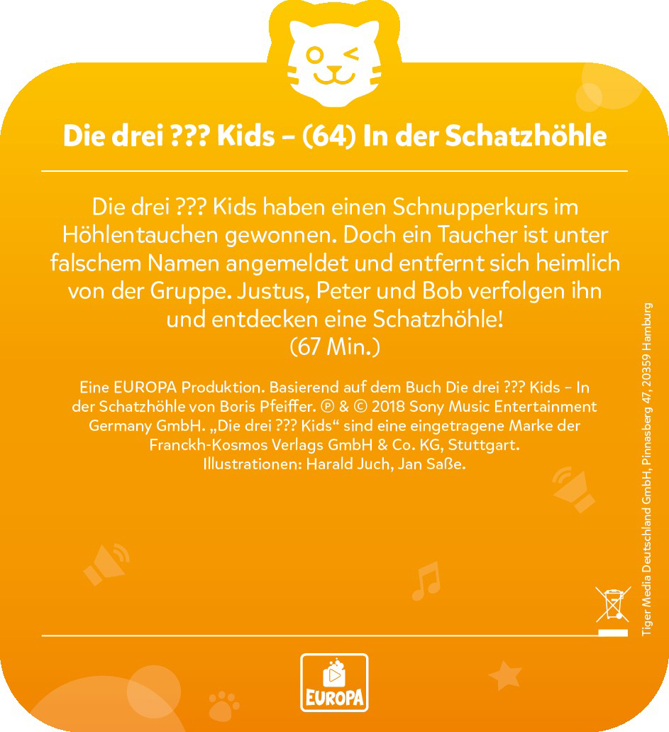 Gelber Aufkleber mit Katzenlogo und Titel: Die drei ??? Kids - In der Schatzhöhle.