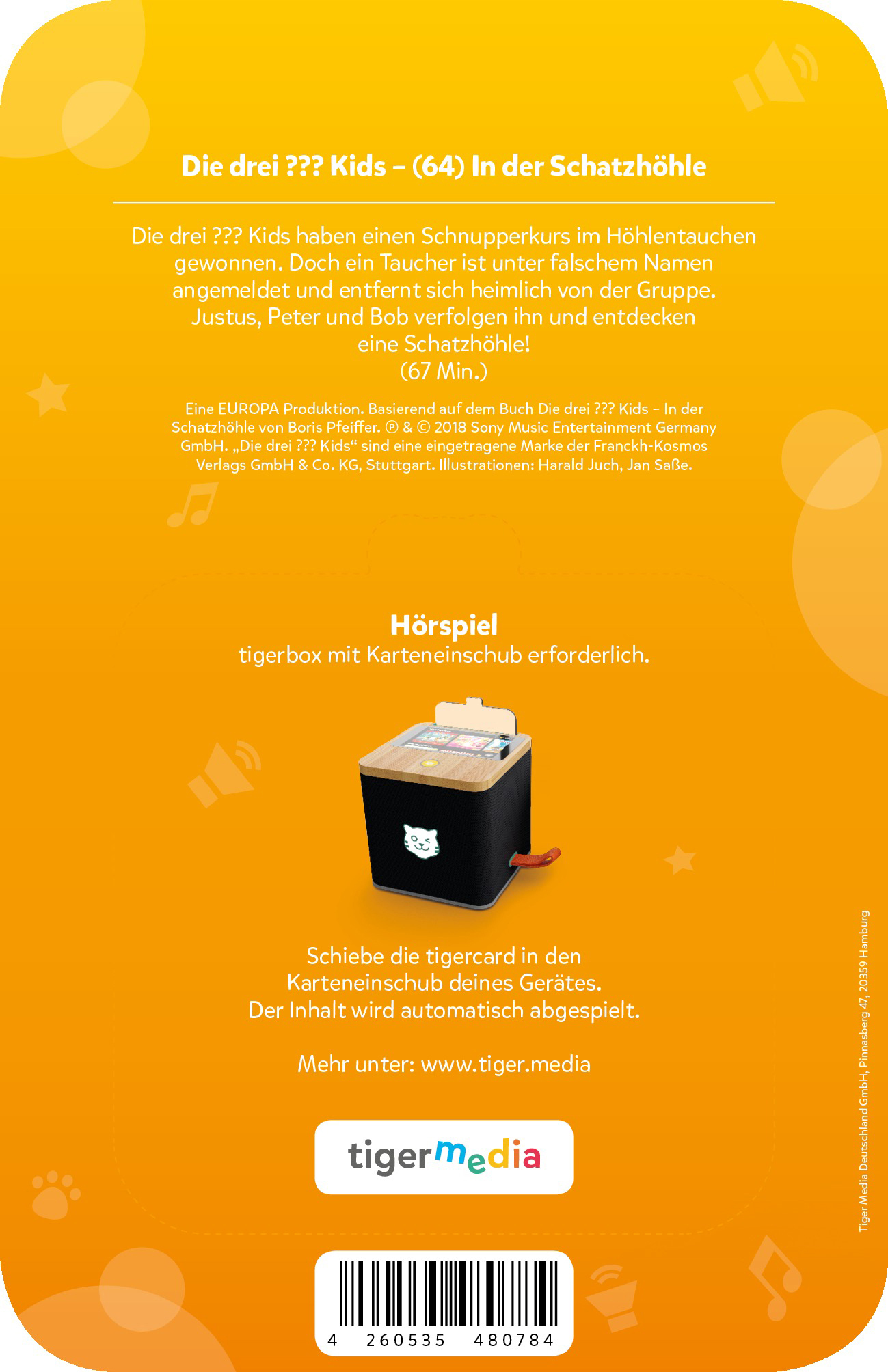 Ein Hörspielcover für 'Die drei ??? Kids' mit einer Tigerbox und Text.