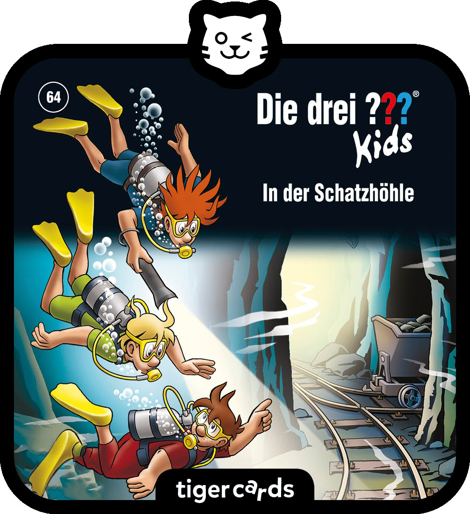 Drei Taucher erkunden eine Höhle mit Schienen und Loren.
