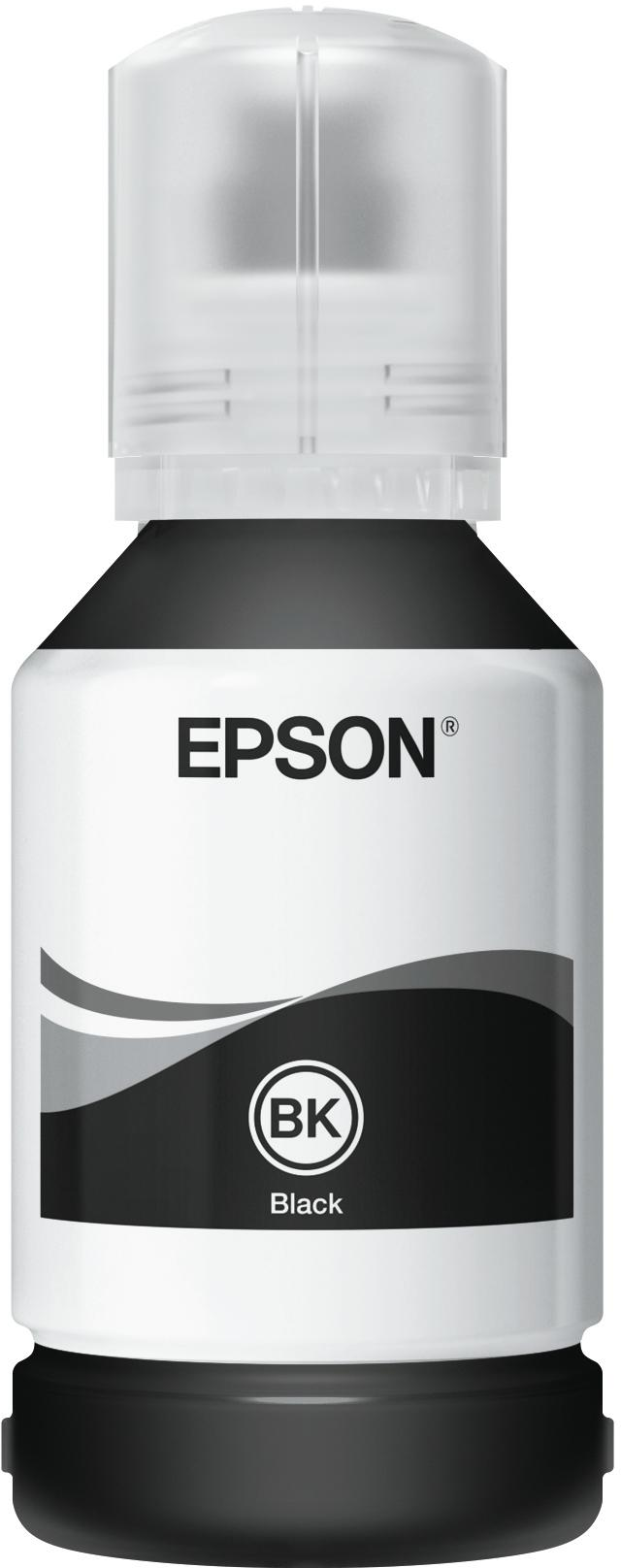 Epson black ink bottle. Black and white color scheme. Clear cap. White background.