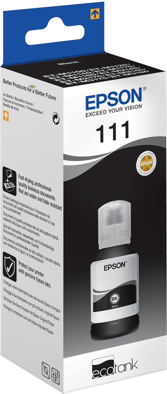Epson EcoTank 111 ink bottle in a box. Black ink. White background.