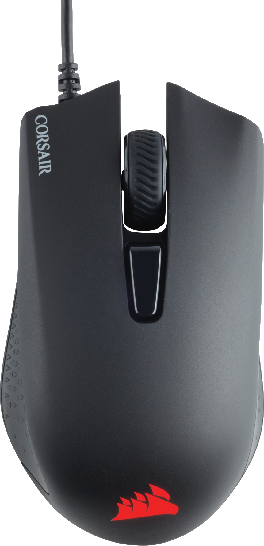 Schwarze Corsair Gaming-Maus mit rotem Logo und Scrollrad. Sie hat einen Kabelanschluss.