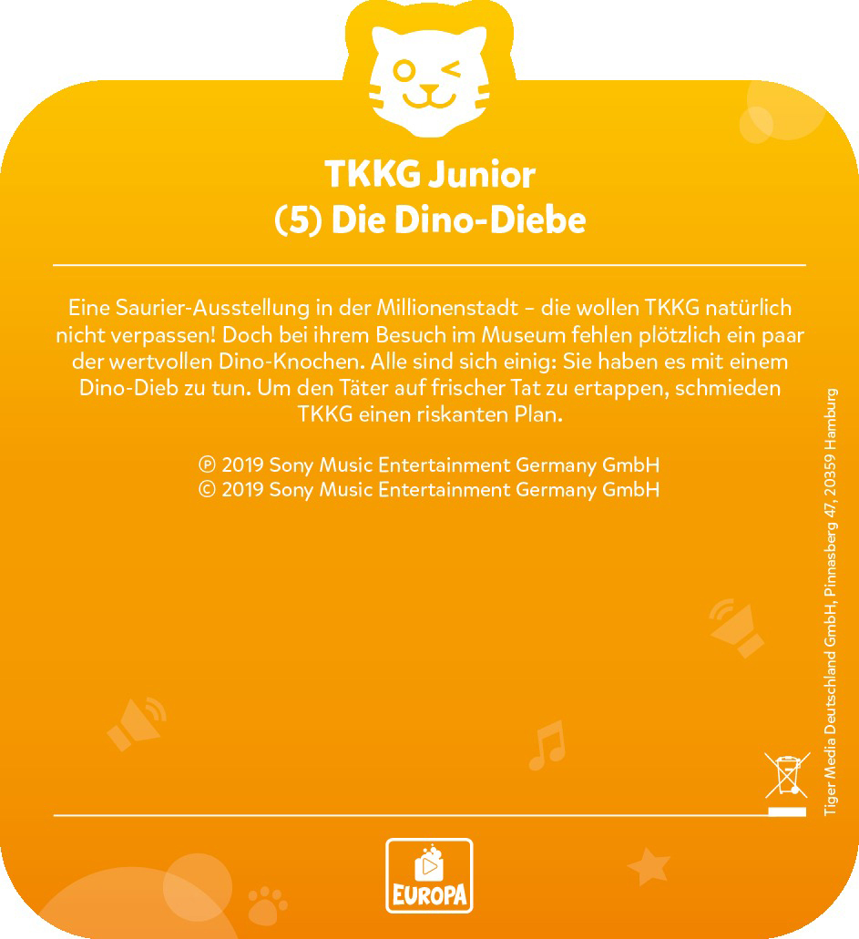 Gelber Hintergrund mit TKKG Junior Logo, Buchdetails und Symbolen.