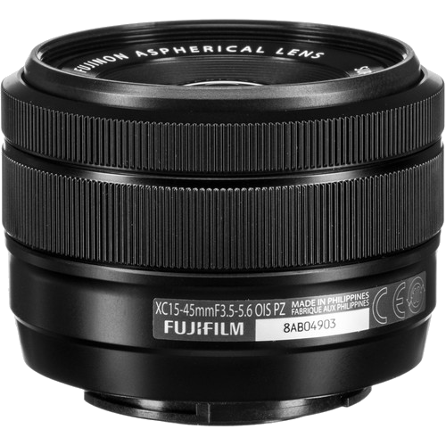 Fekete kameraobjektív, szöveggel: Fujifilm XC15-45mm.