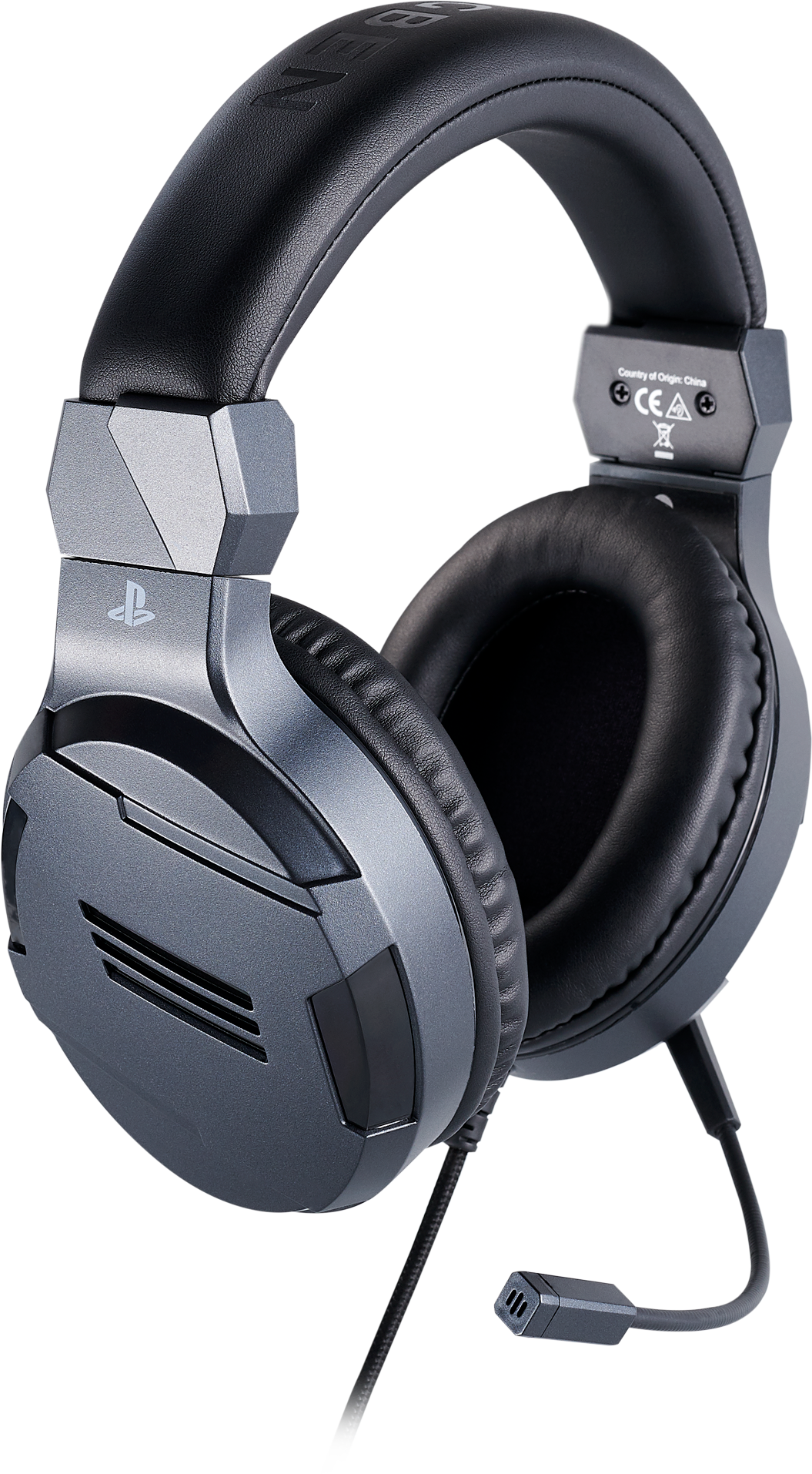 Gray and black gaming headphones with a microphone. The PlayStation logo is visible.