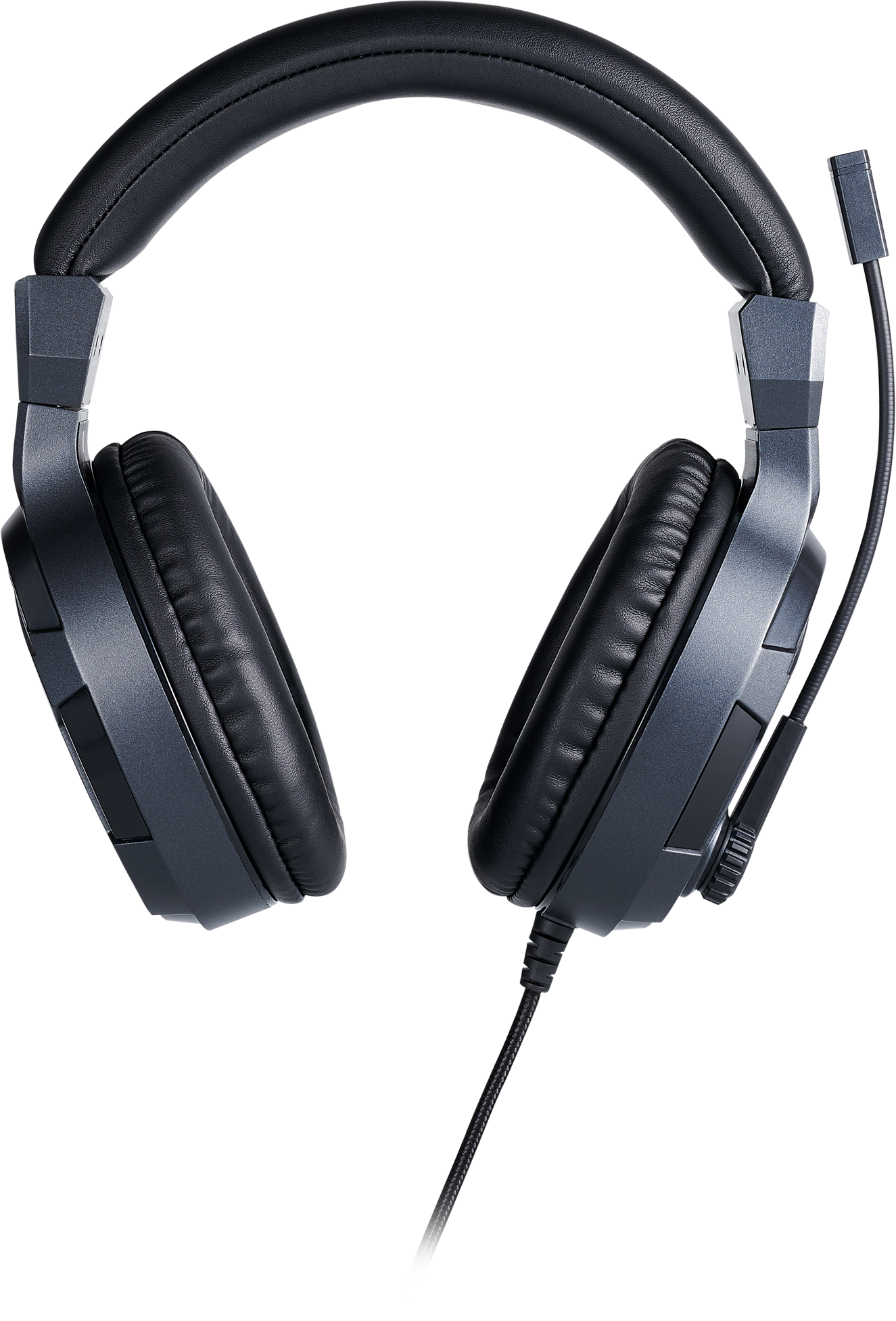 Gaming headset, black with gray accents, microphone attached, against black background.