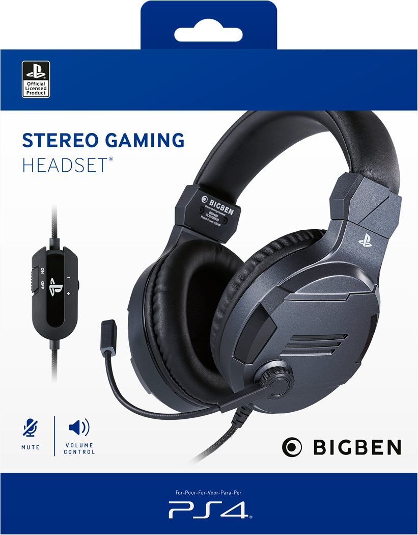 Black and gray gaming headset in a box. 'BIGBEN' brand name and 'PS4' logo visible.