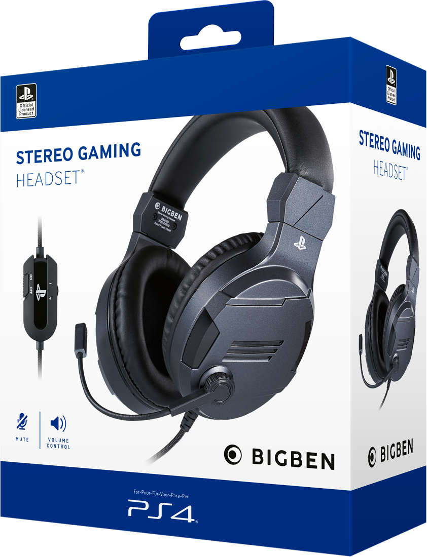 Boxed stereo gaming headset, black and gray. Includes a microphone, volume control, and mute.