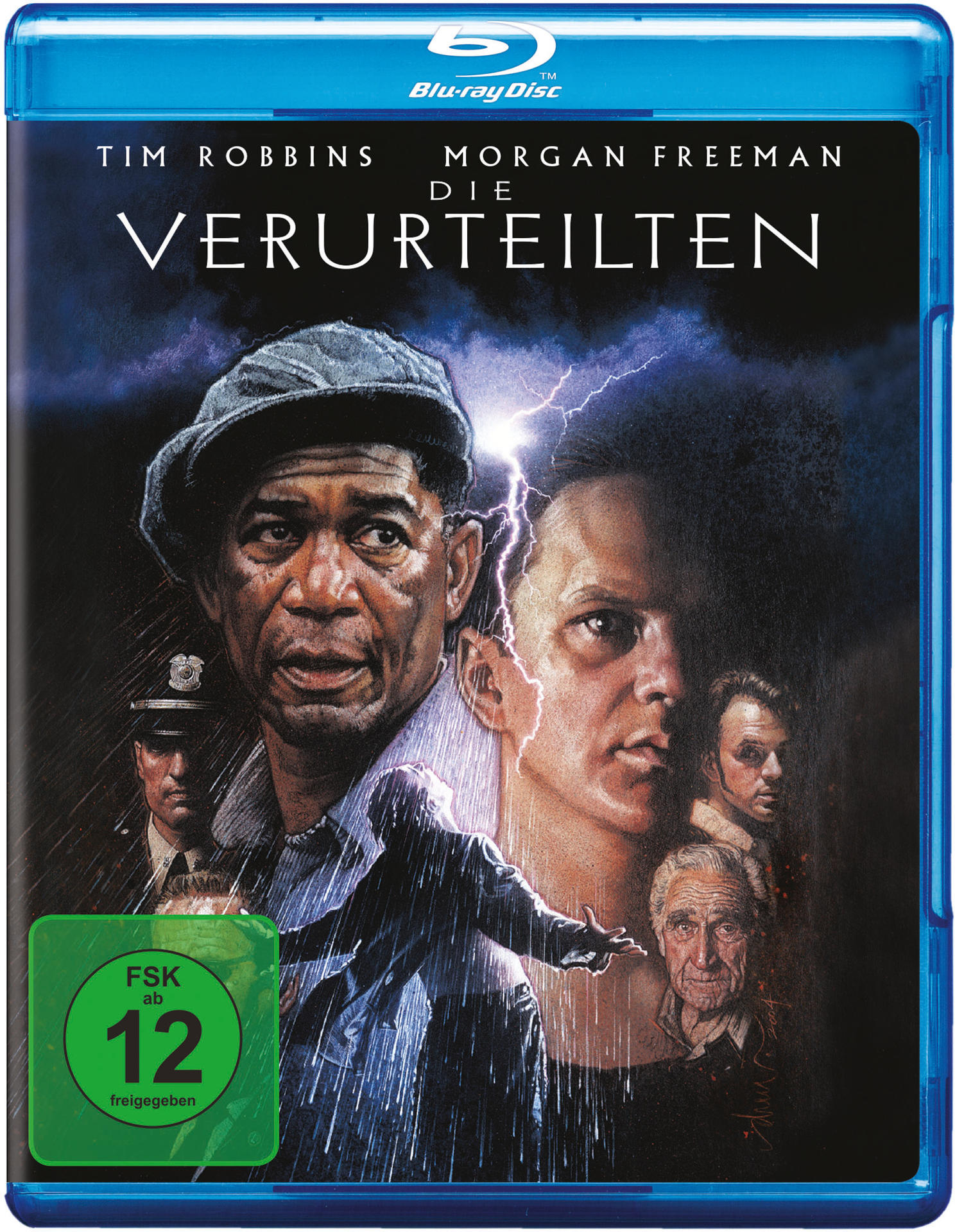 Filmcover mit Tim Robbins, Morgan Freeman. Eine Gefängnisszene mit Sturm.