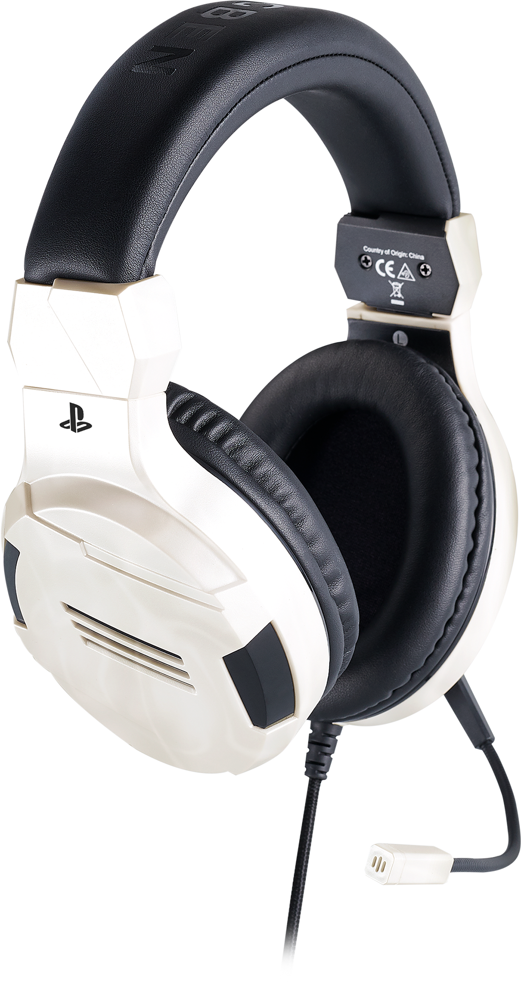White and black gaming headset with a microphone. It has a PlayStation logo on it.