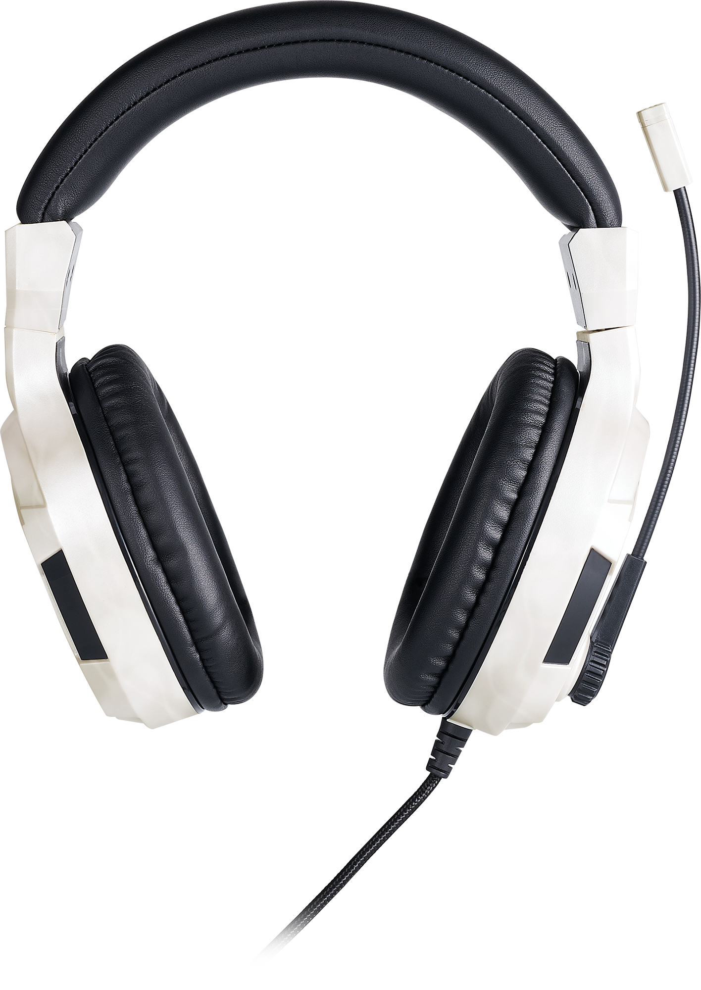 White and black gaming headset with a microphone and a cable.