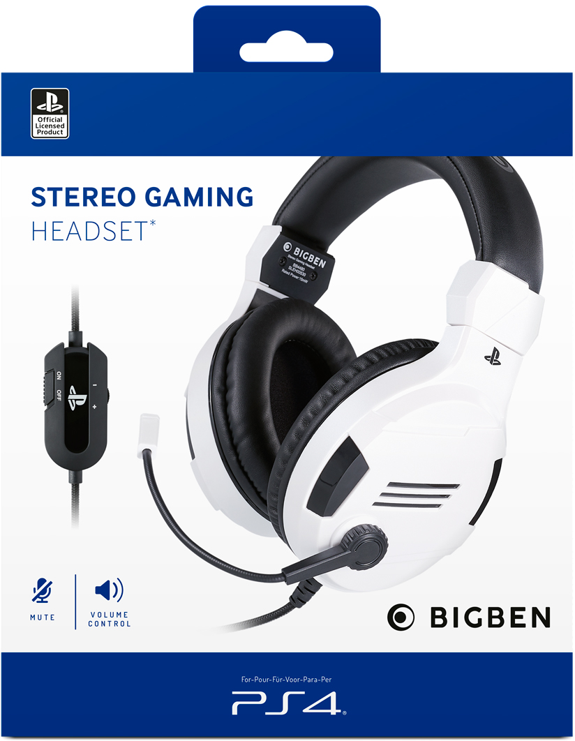 White and black gaming headset with a microphone, in its packaging.