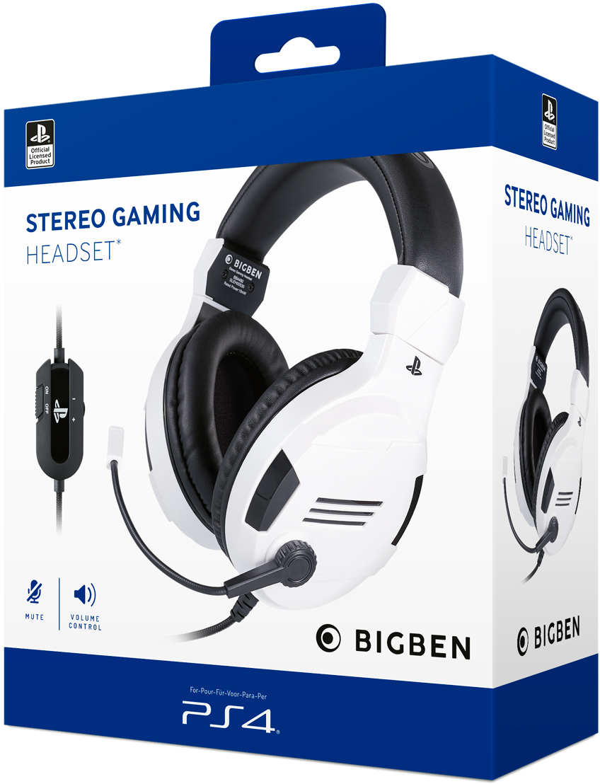 A white and black gaming headset in a box with a microphone and volume control.