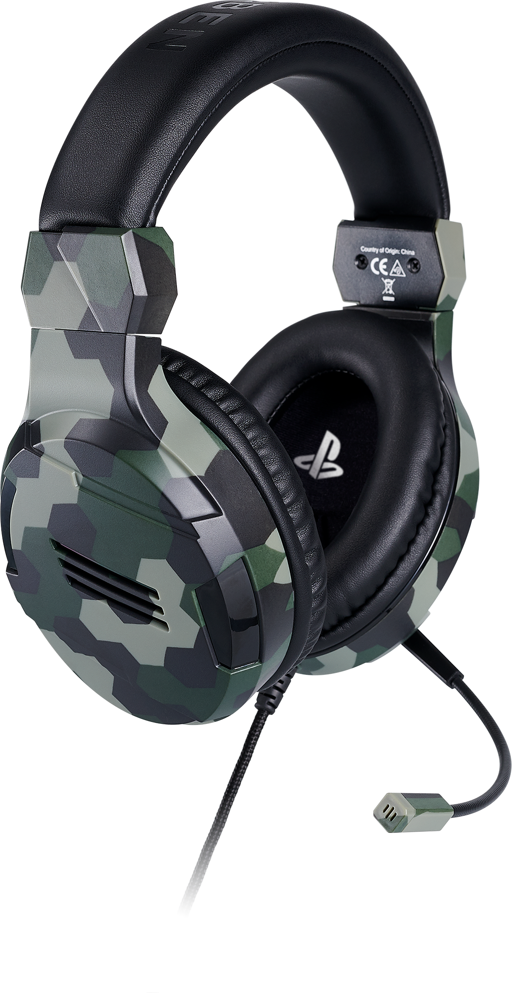 Camouflage gaming headphones with a microphone attached. They are black and green.
