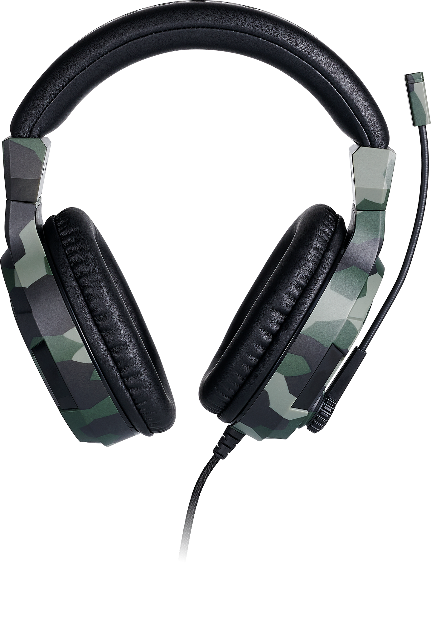 Camouflage headphones with a microphone. Black background.